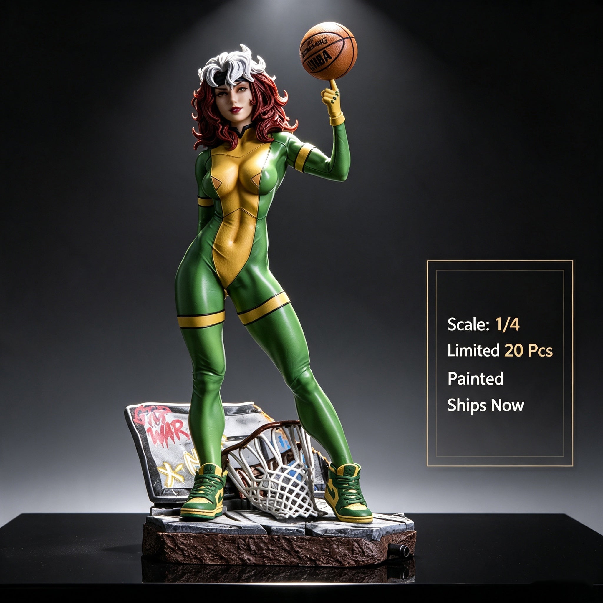 A 1/4 scale painted collectible figurine of a female superhero in a green and gold bodysuit holding a basketball, posed on a base with a basketball hoop and a comic book, against a dark studio background with text overlay detailing product info.